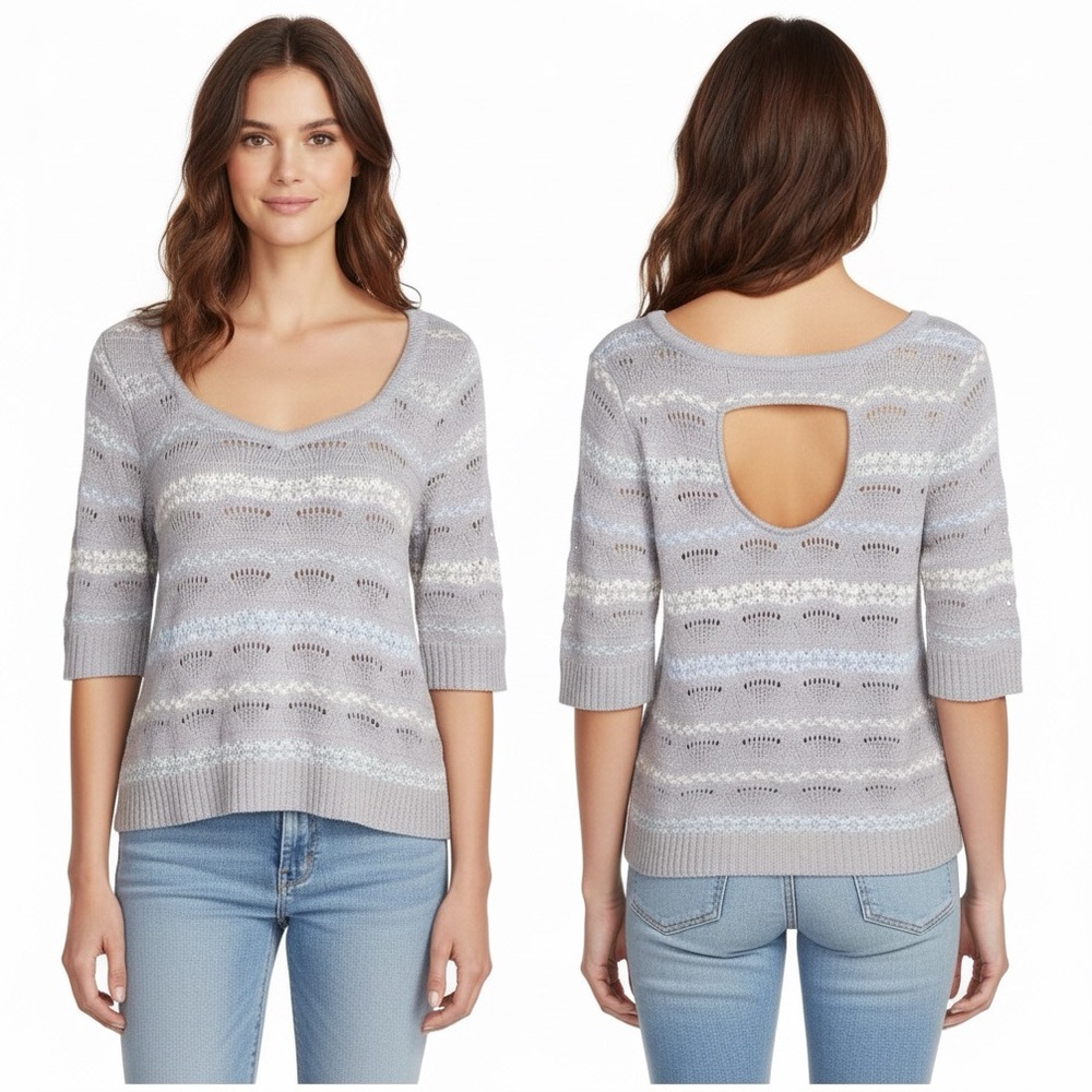 Free People Wool Fair Isle Shimmer Knit Sweater Top Gray Pink Blue S Cozy Winter - Picture 2 of 16